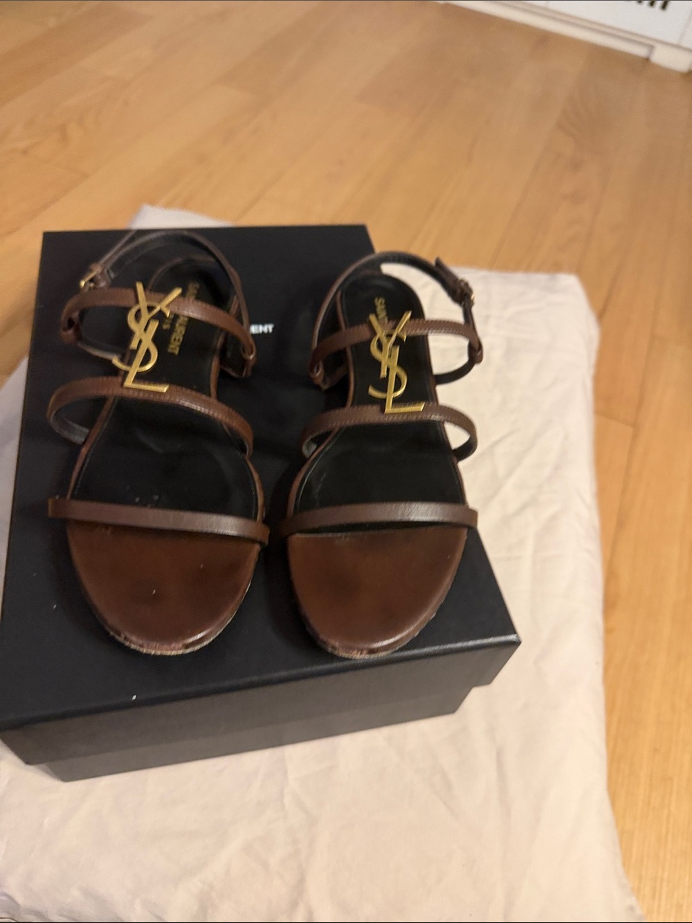 Yves Saint Laurent Brown Leather Gold-Logo Strappy Sandals